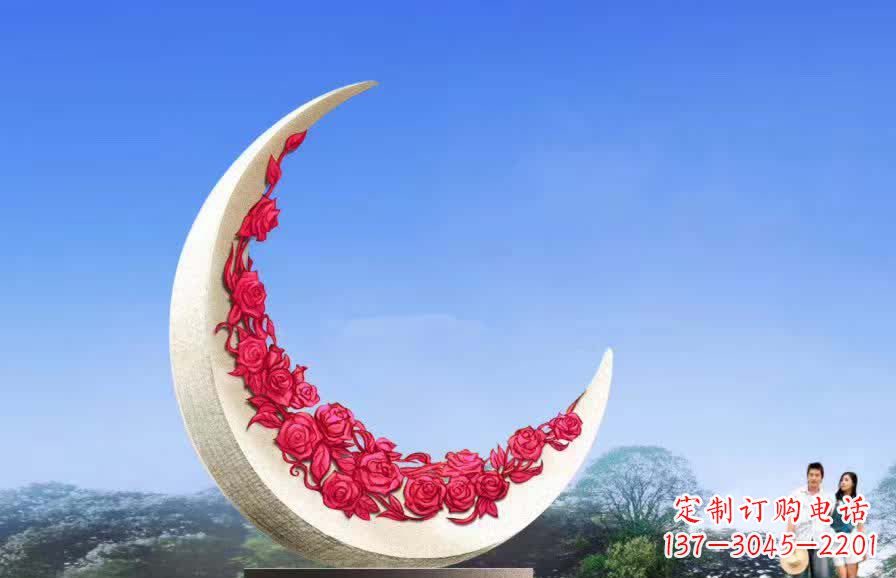 成都不锈钢广场月亮雕塑月光下的璀璨美景