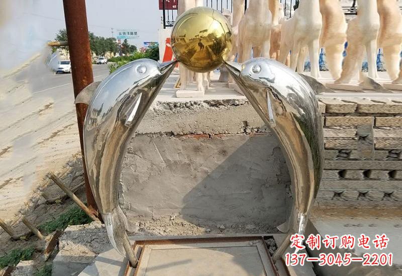 成都不锈钢海豚顶球雕塑
