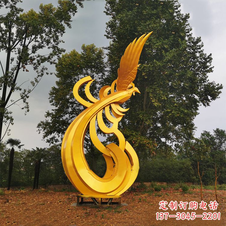 成都不锈钢凤凰雕塑黄金色园林之美