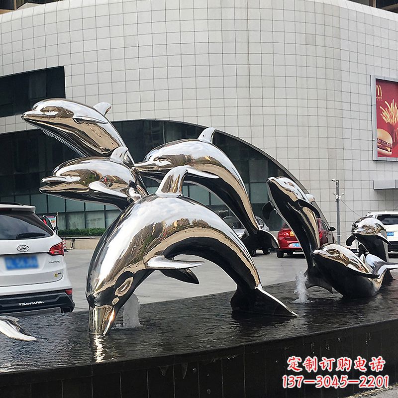 成都城市商场不锈钢镜面海豚水景景观雕塑摆件