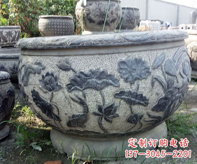 成都中领雕塑仿古荷花石浮雕水缸