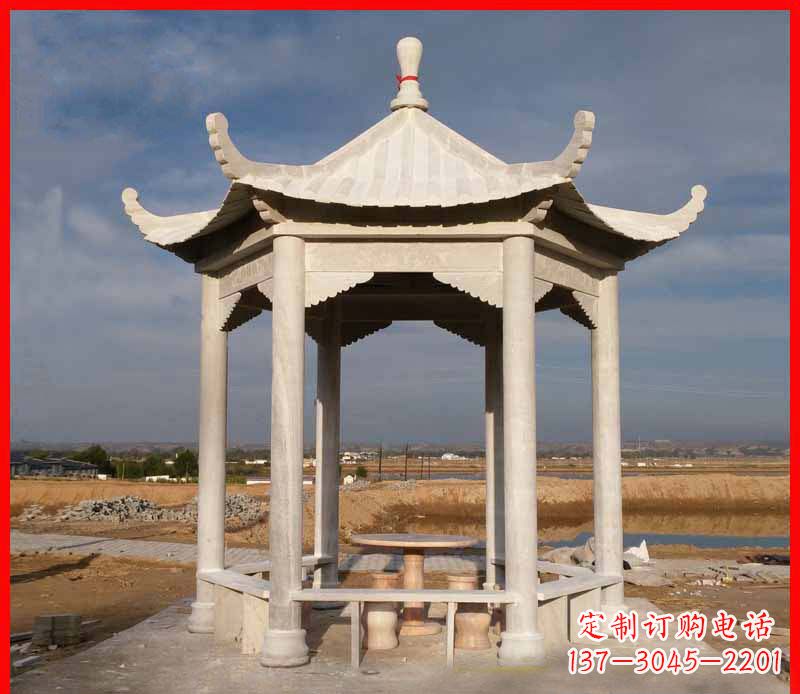 成都公园大理石六角石雕凉亭 (2)