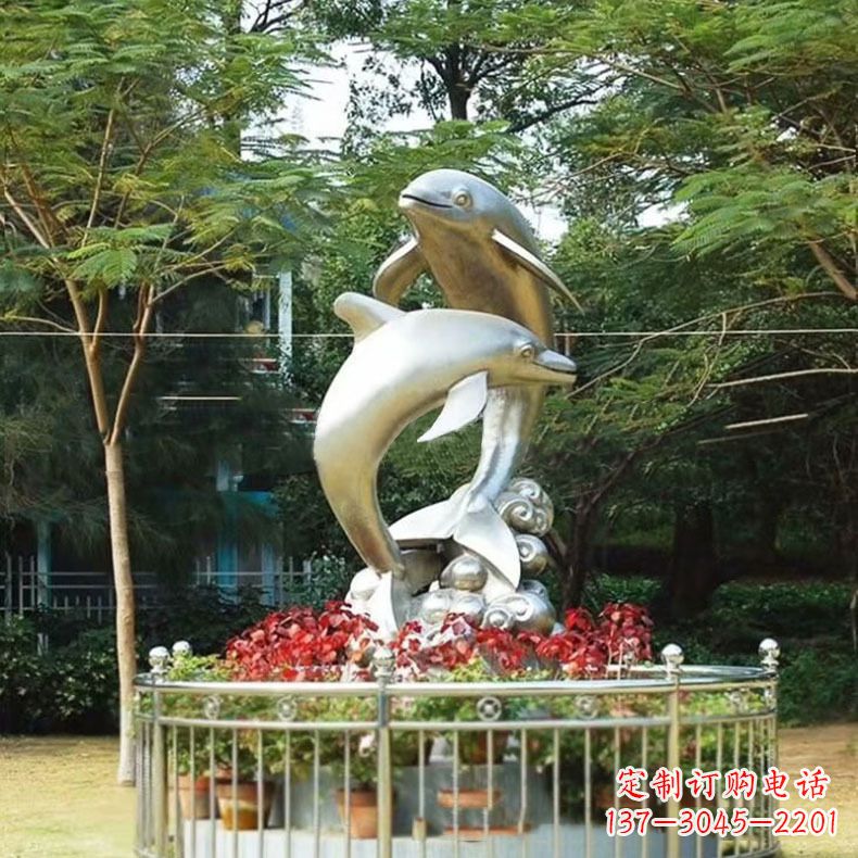 成都公园动物海豚不锈钢景观雕塑