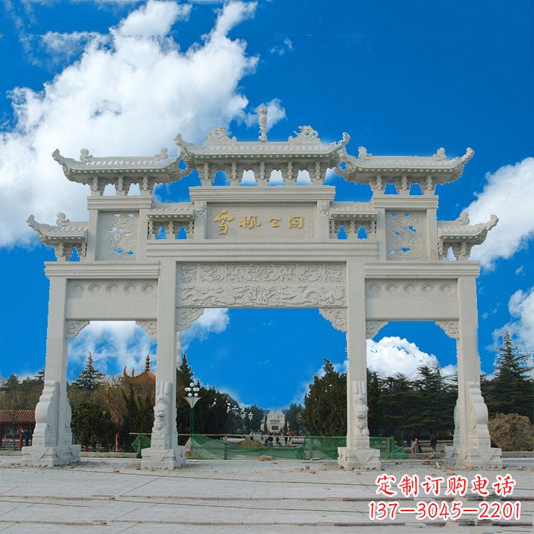 成都传承历史的精美汉白玉三门牌楼雕塑