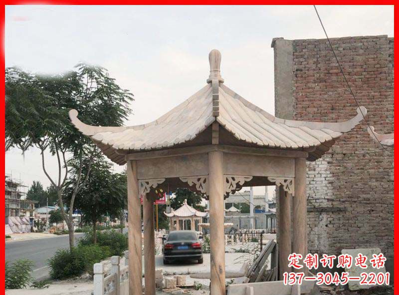 成都公园晚霞红六角石凉亭雕塑