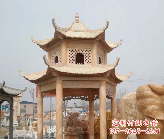 成都红双层六角石凉亭雕塑