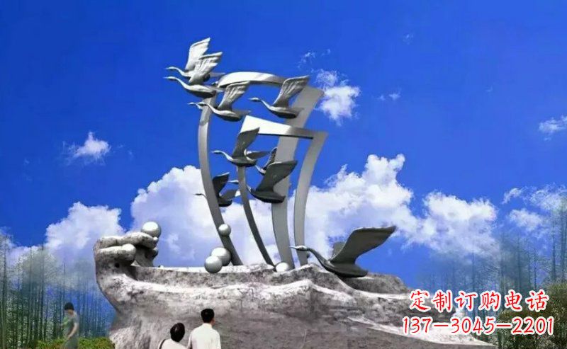 成都中领雕塑:大雁不锈钢雕塑,质感优雅