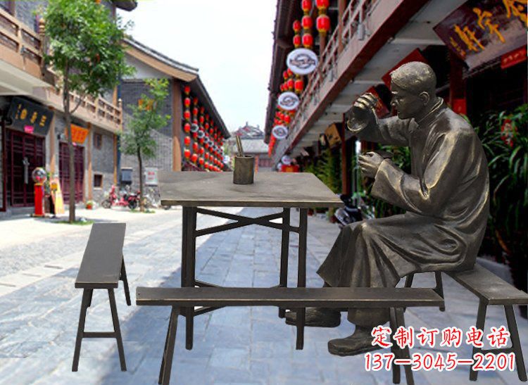 成都广场铜雕店小二喝茶小品人物雕塑