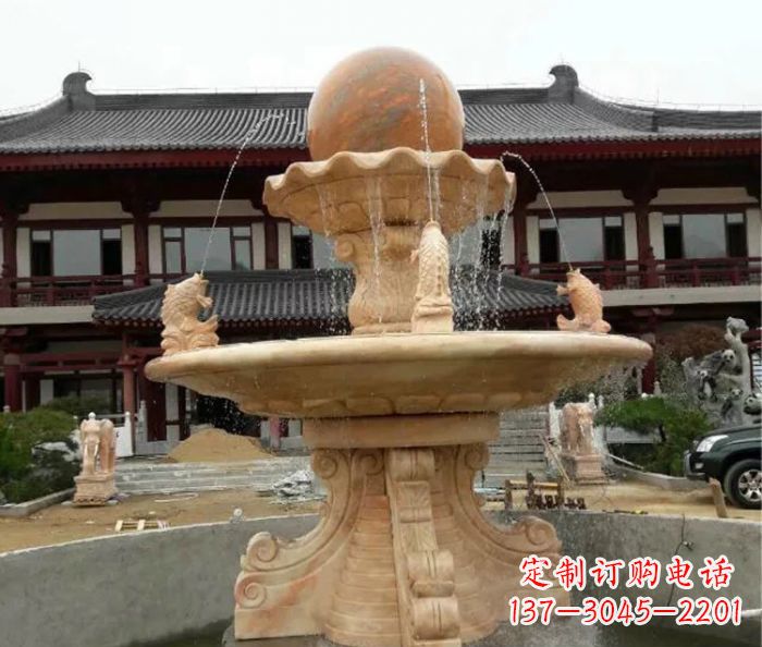 成都双层风水球喷泉晚霞红石雕