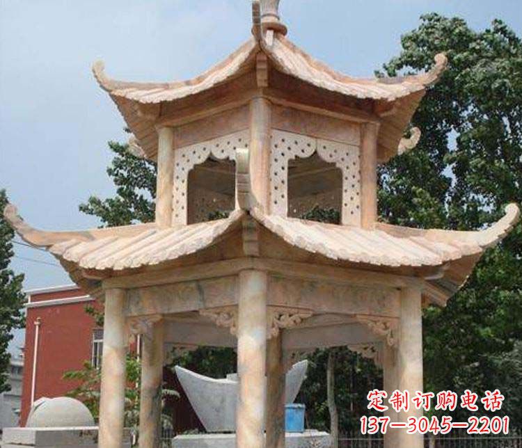 成都双层晚霞红凉亭石雕