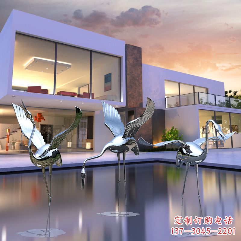成都水景仙鹤不锈钢镜面雕塑
