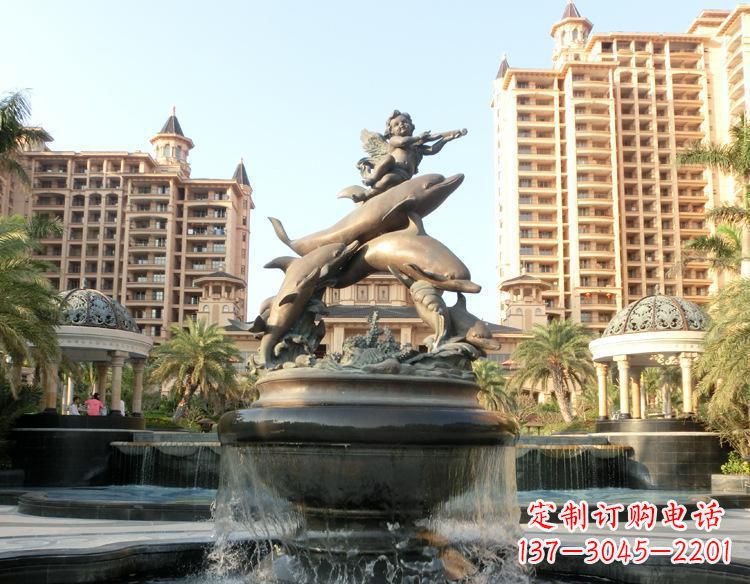 成都跳跃的海豚和小天使喷泉铜雕