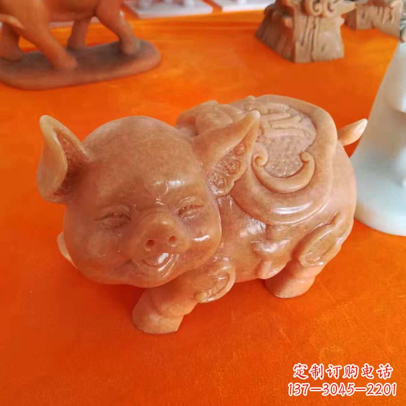 成都晚霞红大理石招财猪雕塑-企业商场创意生肖动物风水摆件