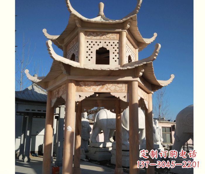 成都晚霞红公园双层六角凉亭石雕 (2)