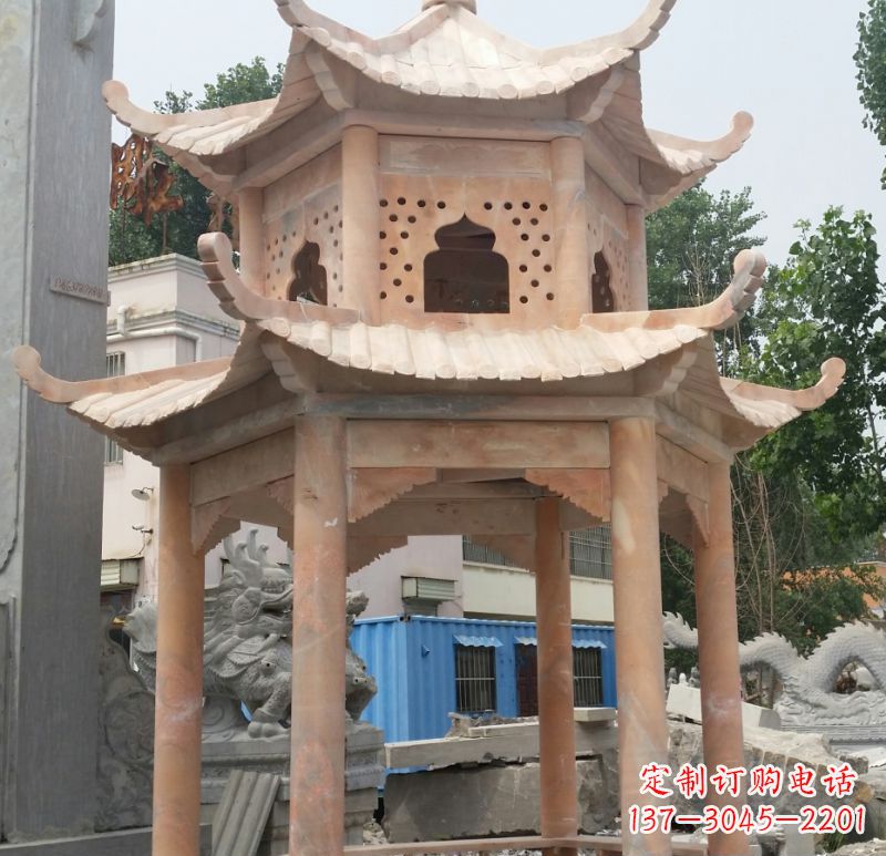 成都晚霞红双层六角凉亭石雕 (2)