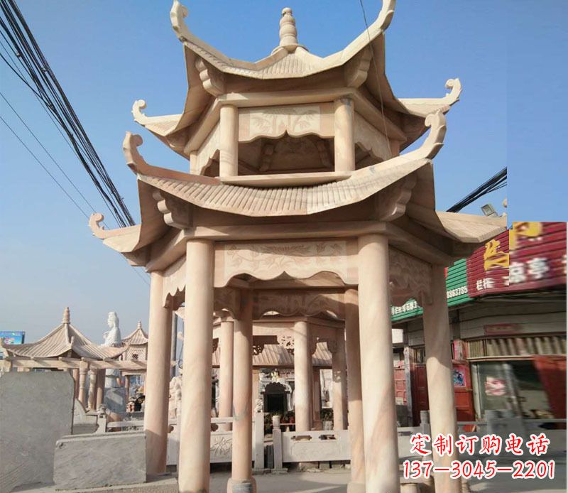 成都晚霞红双层六角凉亭石雕 (3)