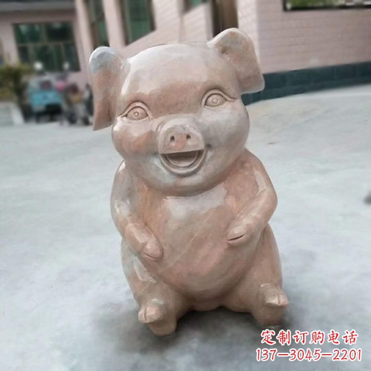成都喜庆的石雕猪-晚霞红大理石生肖动物雕塑