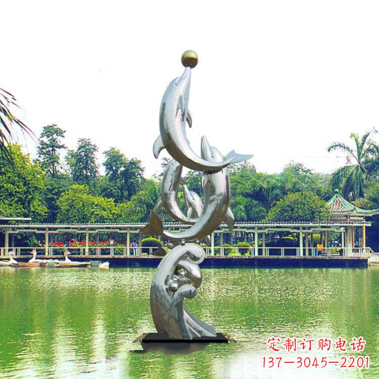成都戏球不锈钢海豚雕塑-园林水景动物景观