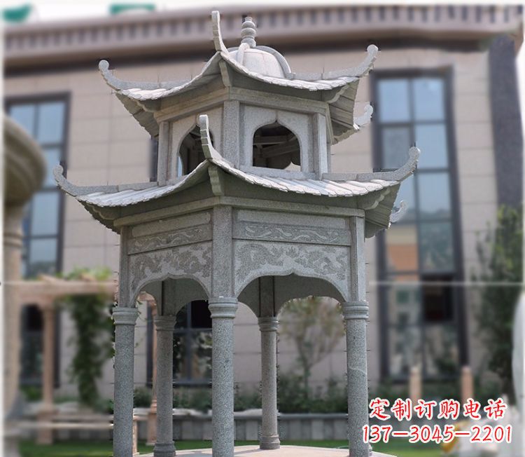 成都小区大理石六角石雕双层凉亭