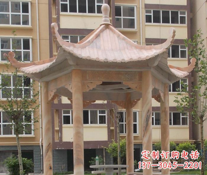 成都小区晚霞红六角凉亭石雕