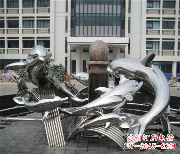 成都校园不锈钢海豚海浪雕塑