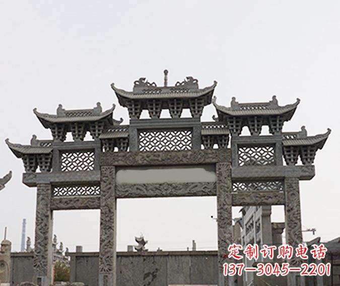 成都园林仿古三门牌坊石雕 (4)