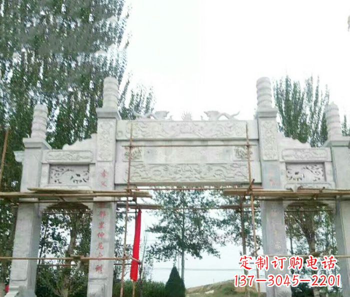 成都园林仿古三门牌坊石雕 (3)