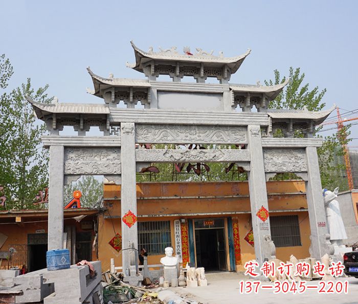 成都园林仿古三门牌坊石雕 (5)