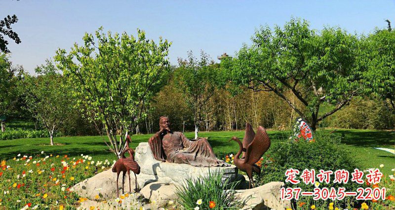 成都园林古代人物仙鹤景观铜雕
