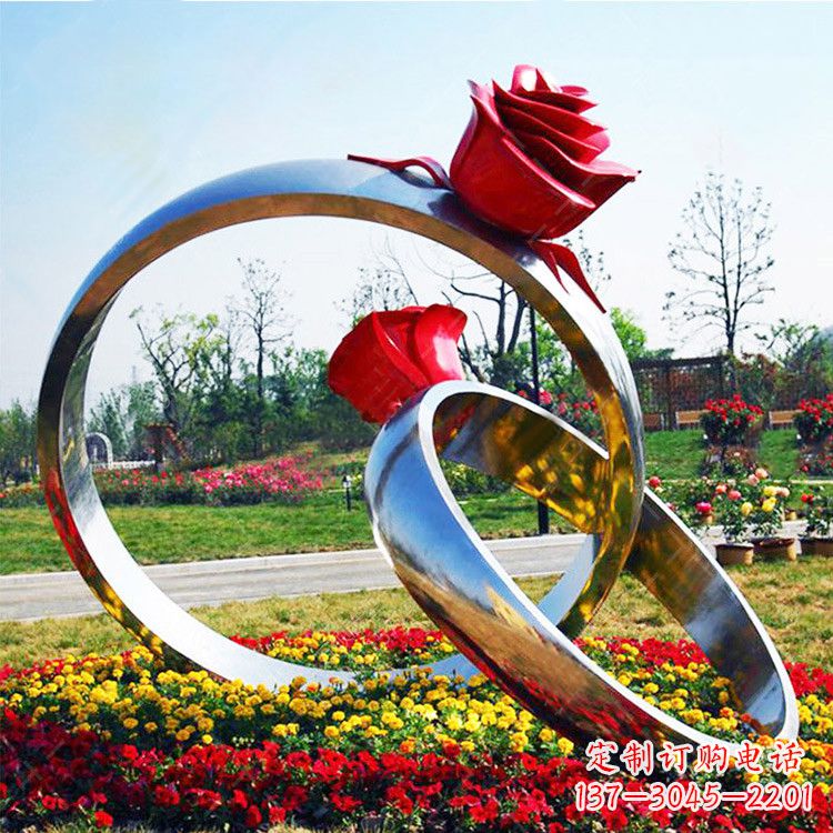 成都园林花丛不锈钢玫瑰花戒指雕塑