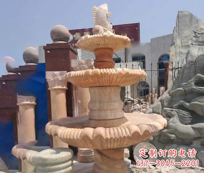 成都园林景观晚霞红鲤鱼喷泉石雕