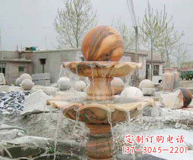 成都园林景观晚霞红风水球喷泉石雕