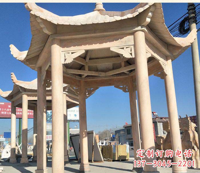 成都园林景观晚霞红六角石雕凉亭 (2)