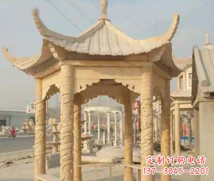 成都园林景观晚霞红六角石雕凉亭 (3)