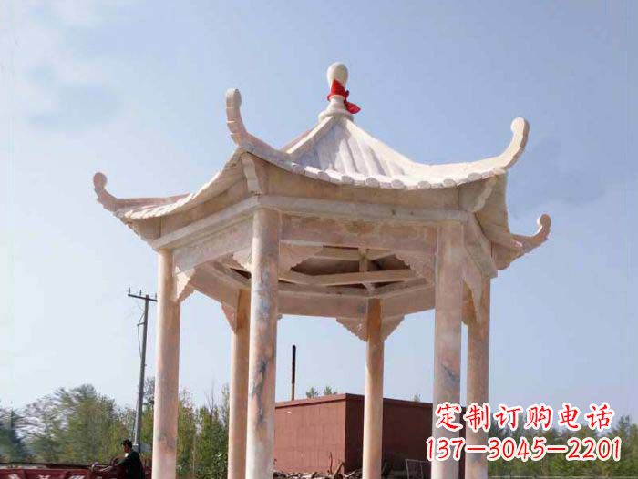 成都园林景观晚霞红六角石雕凉亭