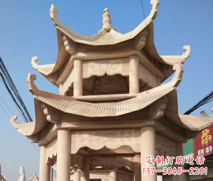 成都园林景观晚霞红双层石雕凉亭 (2)
