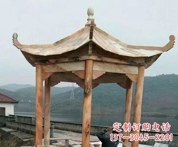 成都园林晚霞红单层石凉亭景观石雕