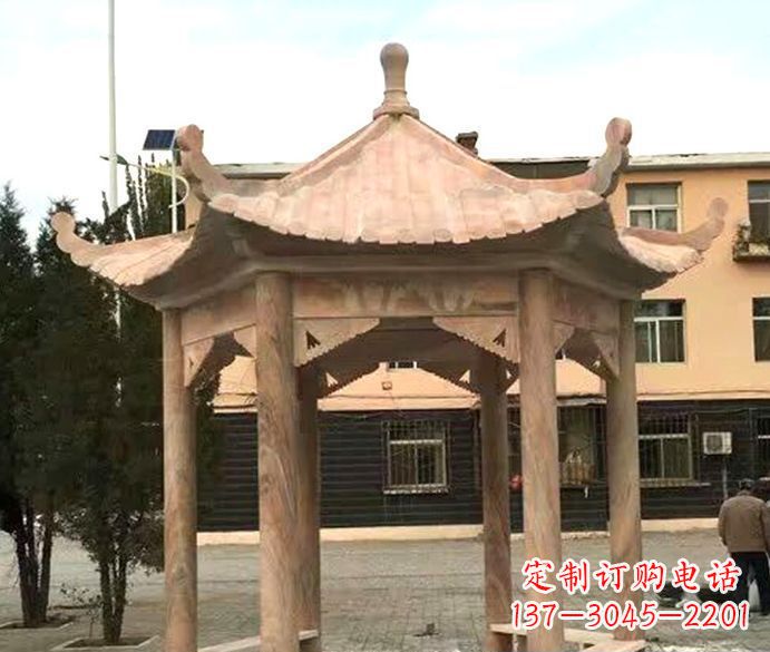 成都园林晚霞红六角石雕凉亭