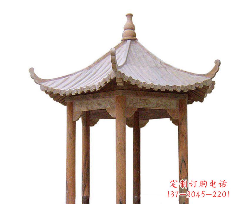 成都园林晚霞红六角石凉亭景观石雕 (2)