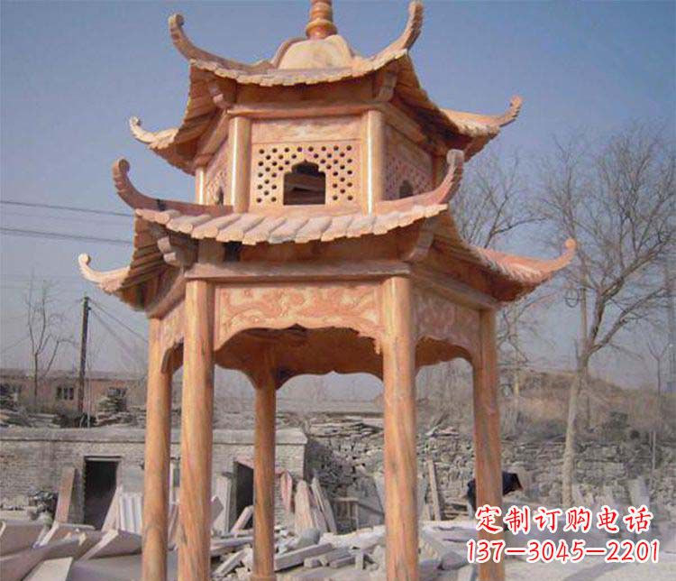 成都园林晚霞红石凉亭景观石雕