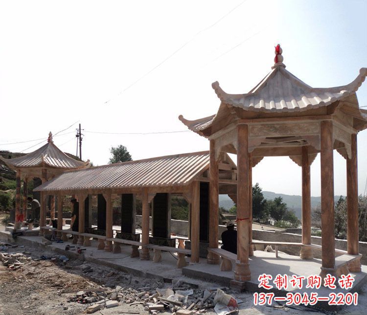 成都园林晚霞红长廊凉亭景观石雕