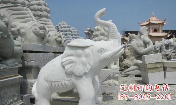 成都招财动物汉白玉长鼻小象石雕