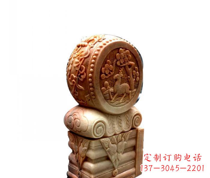 成都招财石门墩晚霞红抱鼓石